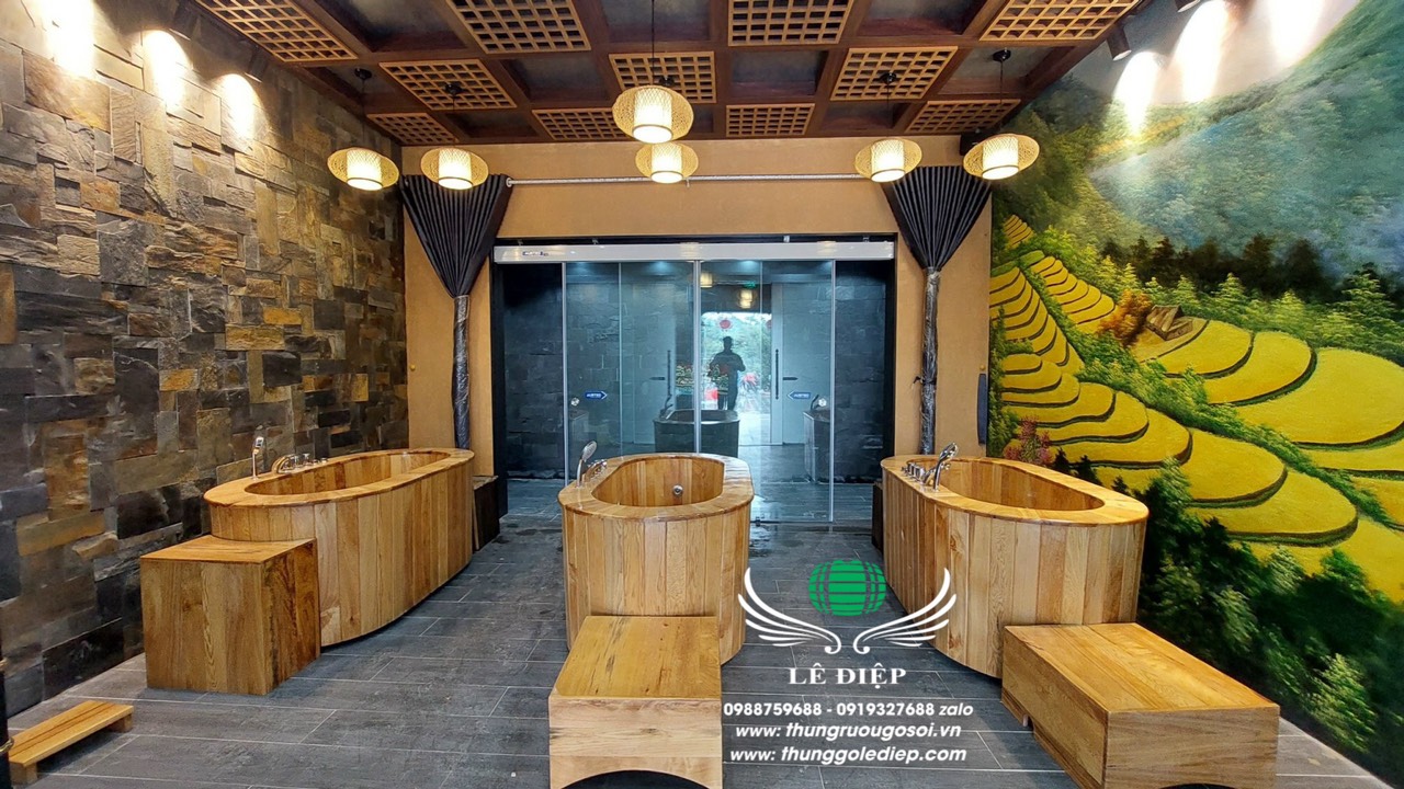 bàn giao bồn tắm gỗ sục massage
